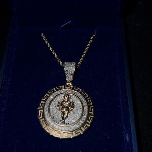 Diamond angel pendant rope chain set 10k yellow gold